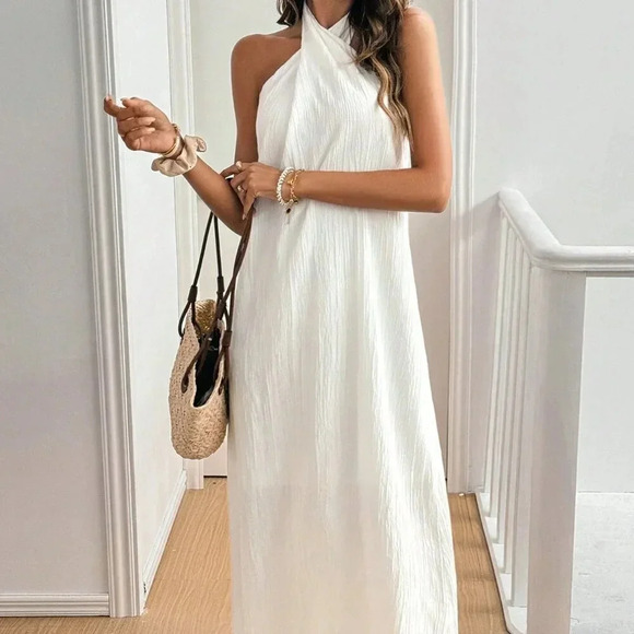 White Casual Women's Summer Solid Color Cross Halter Neck Straight Loose Dress - Picture 3 of 7